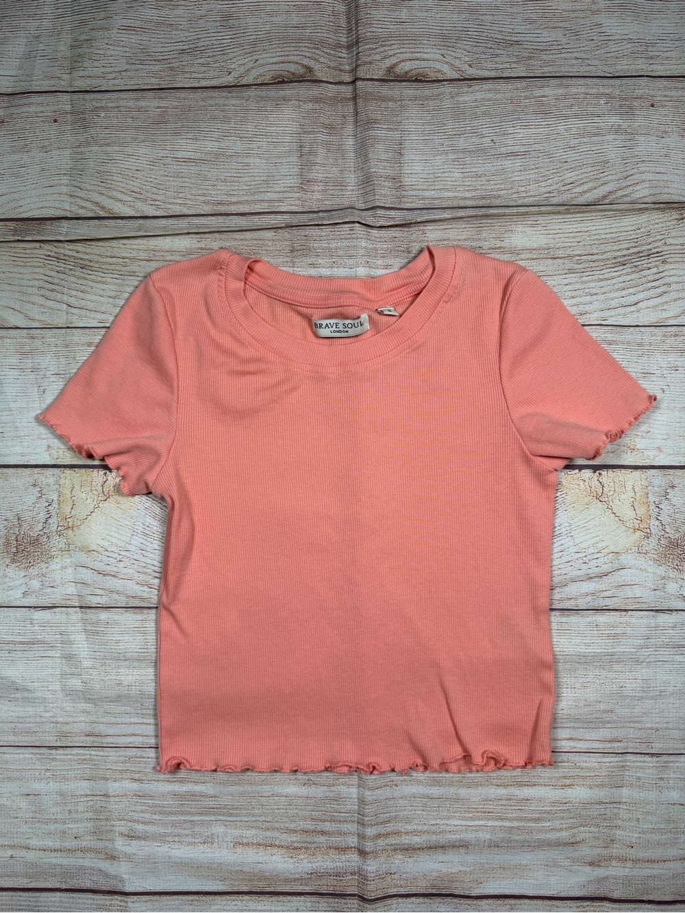 Brave Soul Coral Ribbed Lettuce Hem Crop Tee